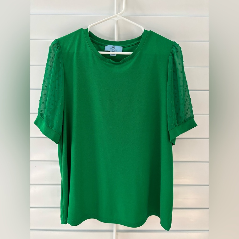 CeCe Green Boxy Blouse with Textured Sleeves